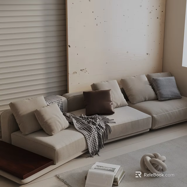 Light Beige Three Seater Sofa With Plaid Throw Blanket And Cushions Against Wooden Panel Wall 3d model 