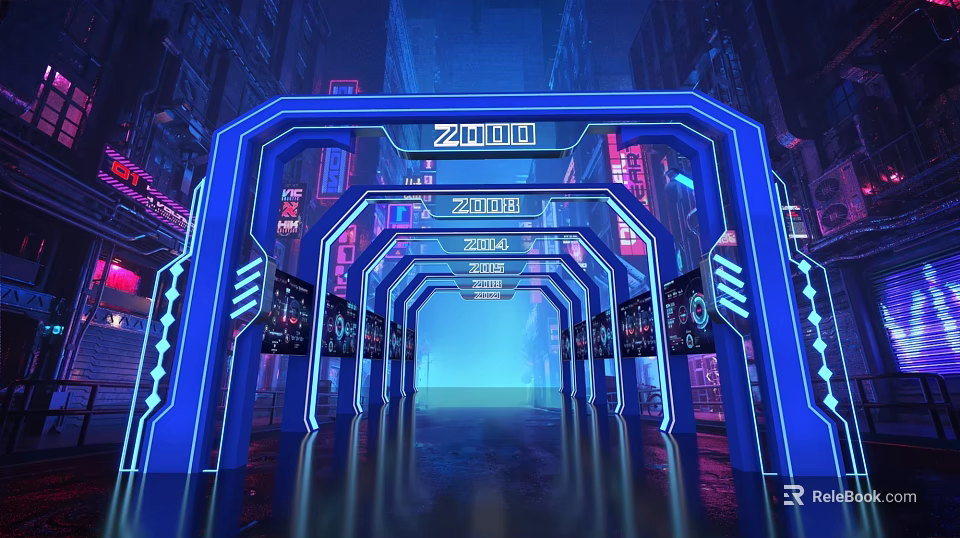 Cyberpunk Archway With Blue Neon Lights Multiple Structures Electronic Screens And Futuristic City Buildings 3d model 
