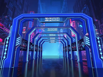 Cyberpunk Archway With Blue Neon Lights Multiple Structures Electronic Screens And Futuristic City Buildings 3d model