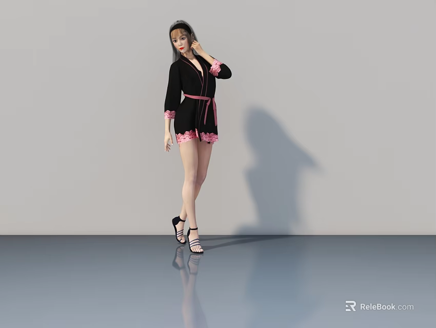 Woman Wearing Black Coat With Pink Edges And Shorts Standing On Gray Floor With Shadow 3d model 