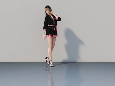 Woman Wearing Black Coat With Pink Edges And Shorts Standing On Gray Floor With Shadow 3d model