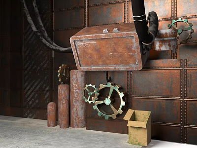 Futuristic Sci-Fi Scene With Rusted Metal Walls Large Gears Pipes And Old Wooden Crate 3d model