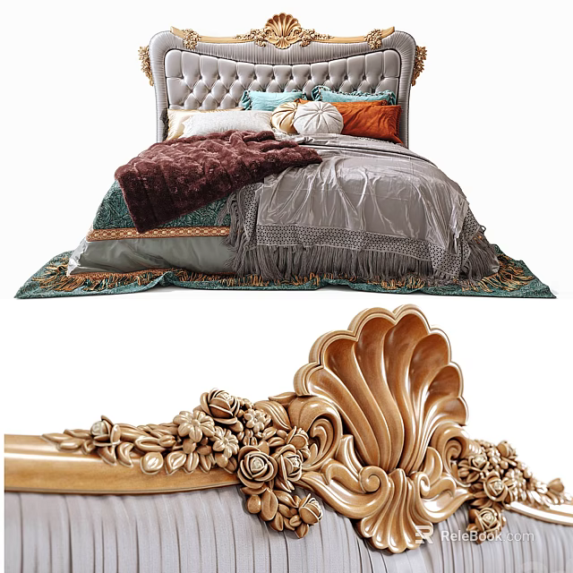 Luxurious Ornate Double Bed With Tufted Headboard Colorful Pillows Fringed Blanket And Golden Carved Details 3d model 