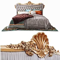 Luxurious Ornate Double Bed With Tufted Headboard Colorful Pillows Fringed Blanket And Golden Carved Details