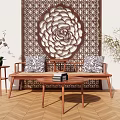 Natural Living Room with Wooden Furniture Carved Screen Patterned Cushions Herringbone Flooring and Green Plants