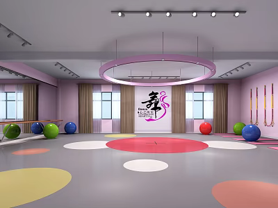 Indoor Fitness Dance Studio With Colorful Exercise Balls And Floor Mats 3d model
