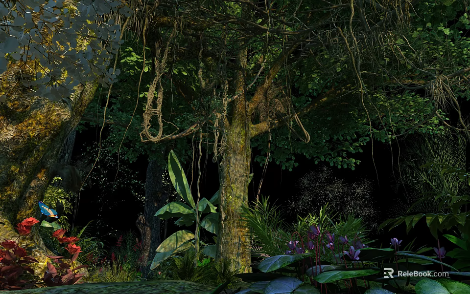 Vibrant Tropical Rainforest Park Landscape With Lush Trees Thick Trunks Hanging Vines And Colorful Flowers 3d model 