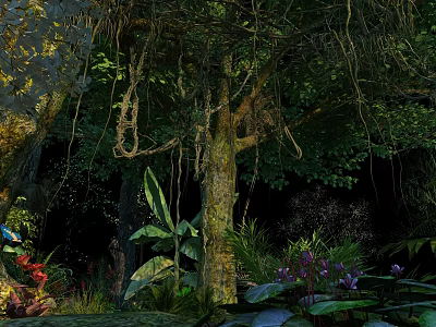 Vibrant Tropical Rainforest Park Landscape With Lush Trees Thick Trunks Hanging Vines And Colorful Flowers 3d model