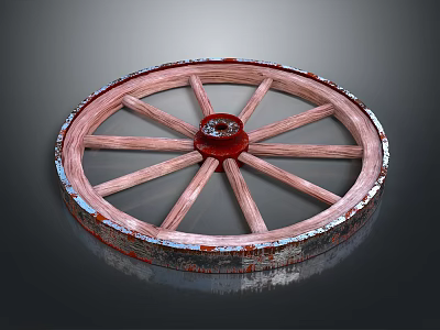 Vintage Wooden Tire with Spokes Red Center and Worn Edges on Dark Background 3d model