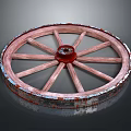 Vintage Wooden Tire with Spokes Red Center and Worn Edges on Dark Background