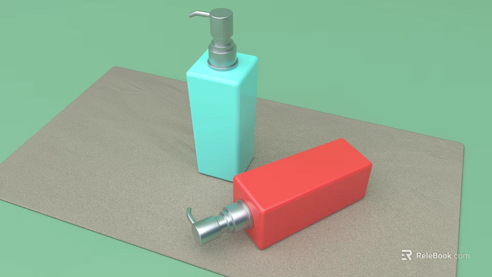 Blue And Red Square Perfume Cosmetics Bottles With Pump Dispenser On Mat 3d model 