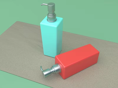 Blue And Red Square Perfume Cosmetics Bottles With Pump Dispenser On Mat 3d model