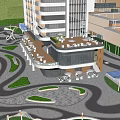 Rainy Day Plaza Landscape With Modern Buildings Trees Circular Walkways Water Pools And People Walking