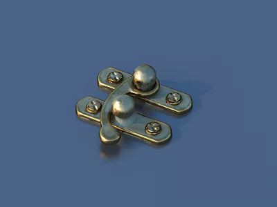 Golden Brass Metal Hinge With Two Spherical Knobs And Four Screw Holes On Blue Background 3d model