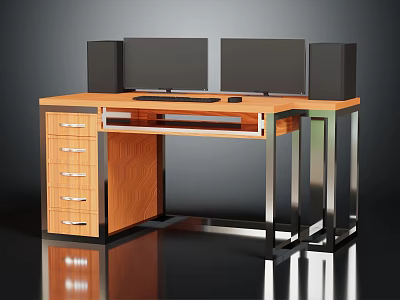 Modern Office Desk With Wooden Top Metal Frame Five Drawers Dual Monitors Speakers And Keyboard 3d model