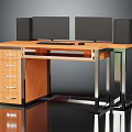 Modern Office Desk With Wooden Top Metal Frame Five Drawers Dual Monitors Speakers And Keyboard
