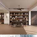 Duplex Living Room with Brown Bookshelves Books Decorations Table Chairs Ceiling Fan and Wooden Floor