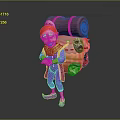 Red Haired Cartoon Character In Purple Outfit Carrying Rolled Blanket And Creature Mask