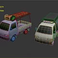 Two Small White Trucks Featuring Yellow Roof Rack Red Equipment And Green Staff Label