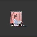 Cartoon Style Bathroom Scene Model With Pink Shower Curtain Bathtub Small Shelf And Colorful Bath Mats