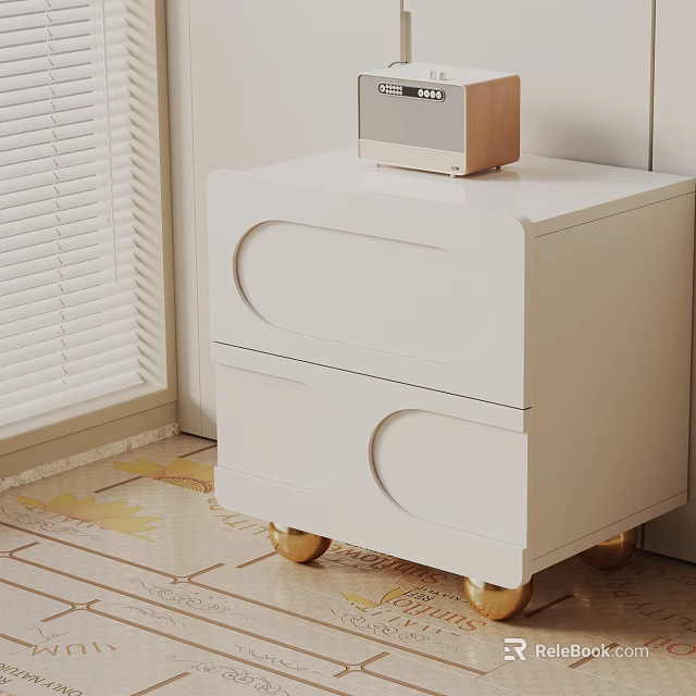 White Side Table With Two Oval Shaped Drawers And Golden Casters On Patterned Tiled Floor 3d model 