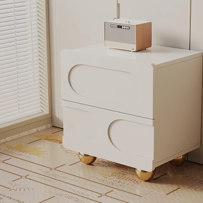 White Side Table With Two Oval Shaped Drawers And Golden Casters On Patterned Tiled Floor 3d model