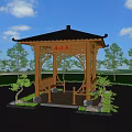 Traditional Chinese Style Wooden Pavilion With Black Roof Surrounded By Trees And Stone Pavement