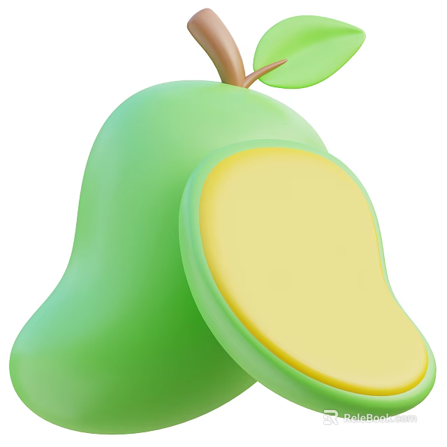 Fresh Green Mango With Half Sliced Yellow Flesh And Leaf 3d model 