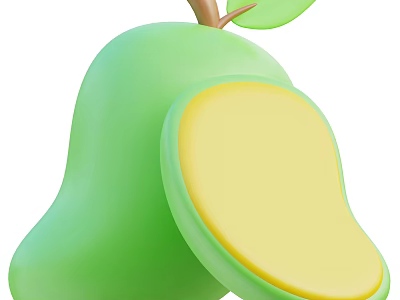 Fresh Green Mango With Half Sliced Yellow Flesh And Leaf 3d model