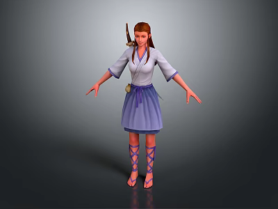 Young Girl Character With Golden Deer Creature In Sunlit Meadow Wearing Purple Dress 3d model