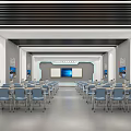 School Modern Classroom With Neatly Arranged Blue Chairs And Large Teaching Screen 3d model