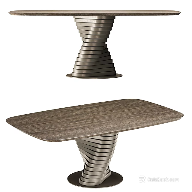 Modern Dining Table With Spiral Metal Base And Wooden Tabletop Design 3d model 