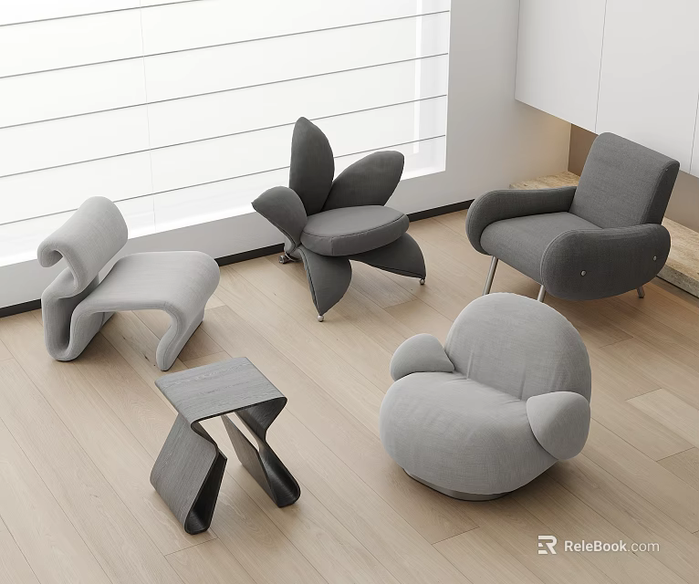 Modern Stylish Gray Accent Chairs With Unique Curved Designs In Interior Living Room 3d model 