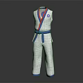 White Taekwondo Uniform With Blue Belt Red And Blue Collar And Chest Badge