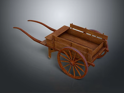 Vintage Wooden Handcart With Long Handles Large Spoked Wheels And Wooden Body 3d model