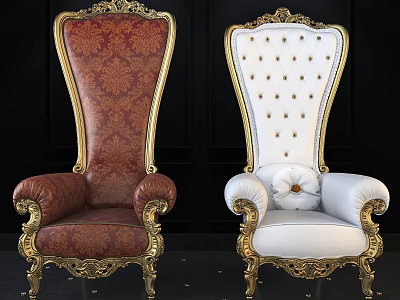 Elegant Red And White Single Sofa With Golden Carved Frame And Button Tufted Design 3d model