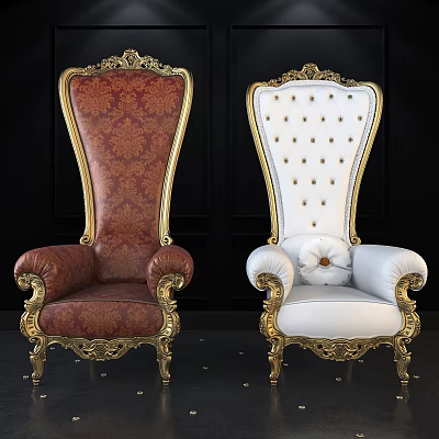 Elegant Red And White Single Sofa With Golden Carved Frame And Button Tufted Design 3d model