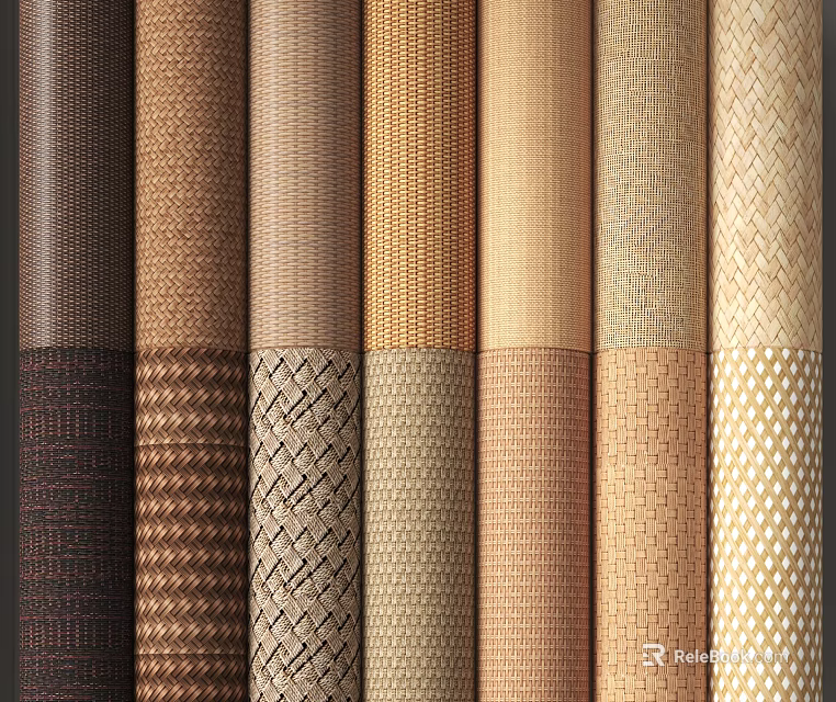 Assorted Woven Texture Roll Materials With Diverse Patterns And Earthy Tones 3d model 