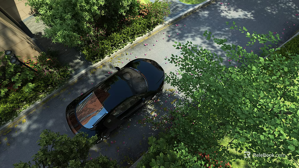 Serene Residential Landscape With Black Car Parked At Roadside Lush Green Trees And Scattered Petals 3d model 