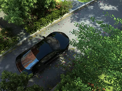 Serene Residential Landscape With Black Car Parked At Roadside Lush Green Trees And Scattered Petals 3d model