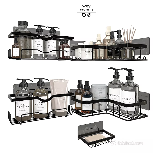 Black Wall Mounted Multi Tier Bathroom Organizers With Daily Washing Supplies And Aromatherapy Sticks 3d model 