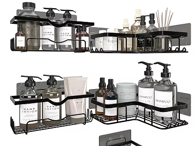 Black Wall Mounted Multi Tier Bathroom Organizers With Daily Washing Supplies And Aromatherapy Sticks 3d model