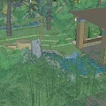 Scenic Garden with Palm Trees Stone Walls Clay Pots and People Walking
