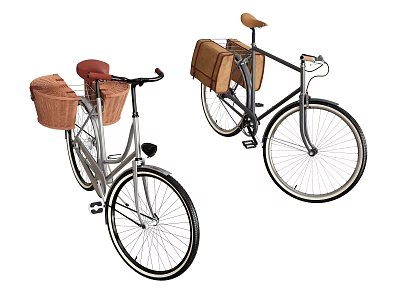 Vintage Bicycles With Red Seat Front Rear Wicker Baskets And Brown Seat Rear Bag 3d model