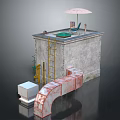 Roof Top Terrace Structure With Pink Umbrella Yellow Ladder Green Mat And Red Pipes