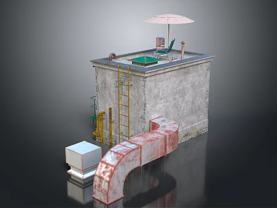 Roof Top Terrace Structure With Pink Umbrella Yellow Ladder Green Mat And Red Pipes 3d model