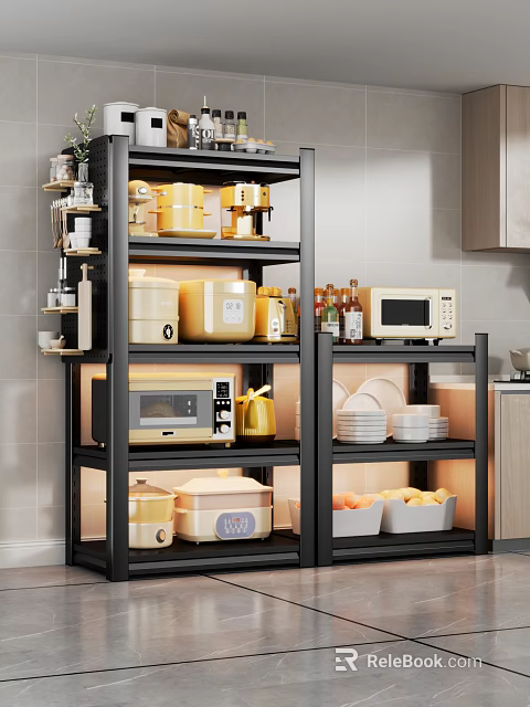 Modern Kitchen Sideboard with Multi Tiered Shelves Storage for Microwave Pots Dishes and Fruits 3d model 