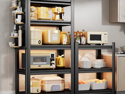 Modern Kitchen Sideboard with Multi Tiered Shelves Storage for Microwave Pots Dishes and Fruits 3d model