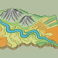 Detailed Sand Table Model Featuring Green Mountains Winding Blue River And Colorful Terrain