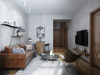 Modern Living Room Interior With Brown Sofa Gray Rug TV Floor Lamp And Decorative Art 3d model